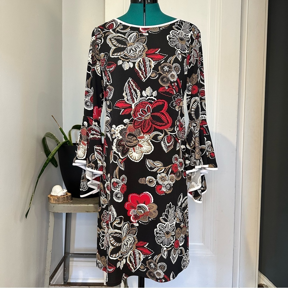 MSK Black Floral Midi Dress with Red and Cream Accents